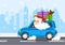 Merry santa on a car carries gifts. vector illustration.