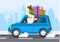 Merry Santa Claus on a car carries gifts. vector illustration