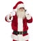 Merry santa claus speaks on phone and makes ok sign