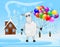 Merry sheep with air marbles on a background winter landscape