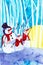 Merry snowman in red scarf and blue hat with two rabbits having fun in Christmas forest . New year holiday watercolor illustration