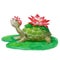 Merry watercolor turtle with a flower. Hand-drawn smiling animal isolated on a white background for children`s design