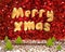Merry xmas (3D rendering text) floating over green christmas tree in red and gold glitter studio room, Holiday Concept
