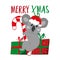 Merry Xmas - cute koala bear in Santa hat with candy cane, and Christma presents.