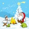 Merry Xmas - Santa with baby Jesus sitting by the fire and smokes Indian peace pipe, vector