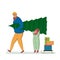 Merry young father and son walking carrying pine tree and sleigh with stack of wrapped Christmas gift boxes. Dad and boy