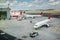 Mersin, Turkey November 2020. Runway and boarding aircraft at the international airport
