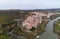 Mertola drone aerial view of the city and landscape with Guadiana river and medieval historic castle on the top in Alentejo,