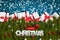 Mery Christmas banner. Xmas and Happy New Year realistic design concept. Green fir tree branches, baubles, gift boxes with red rib