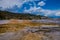 Mesa rock patterns at mamoth hot springs in Yellowstone National Park, in beautiful sunny day and blue sky