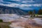 Mesa rock patterns at mamoth hot springs in Yellowstone National Park, in beautiful sunny day and blue sky