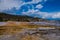 Mesa rock patterns at mamoth hot springs in Yellowstone National Park, in beautiful sunny day and blue sky