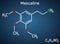 Mescaline molecule. It is hallucinogenic, psychedelic,  phenethylamine alkaloid. Structural chemical formula on the dark blue