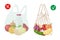 Mesh string or plastic bags flat vector illustration. Two shopping bags filled with fresh vegetables and products