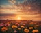 Mesmerizing beautiful sunset with meadow full of flowers - Ai image