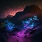 Mesmerizing bioluminescent night scene - nature, magic plants, colorful, with a spectacular volumetric background. The