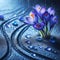 Mesmerizing Blue Crocuses Sparkle Amidst Raindrop Tracks, a Springtime Delight. Generative ai for illustrations