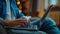 mesmerizing closeup of a freelancer hand working on laptop, remote work concept