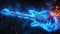 A mesmerizing display of electric blue flames dancing along the body of an electric guitar accompanying the intense