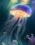 Mesmerizing Holographic Rainbow Jellyfish Glowing Beneath Sun Rays: Ultra-Detailed Underwater Beauty in Stunning Stock Photo.