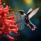 A mesmerizing hummingbird frozen in mid-air while sipping nectar from a vibrant red flower