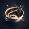 A mesmerizing illustration of a coffee cup floating in space, with a stunning cosmic view inside. Unique and enjoyable