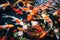 A mesmerizing image capturing a group of koi fish gracefully swimming in a beautiful pond., River pond decorative orange