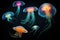 A mesmerizing image featuring a large group of graceful jellyfish elegantly floating in the tranquil waters, Bioluminescent sea