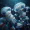 A mesmerizing image of a group of white and orange jellyfish, floating amidst bubbles in the deep blue ocean.