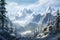 A mesmerizing painting depicting a serene snowy mountain landscape adorned with majestic pine trees., A snowy mountainous