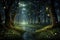 A mesmerizing painting of a lush forest with a flowing stream, brought to life by the enchanting glow of fireflies, An enchanting
