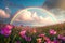 Mesmerizing rainbow gracefully arching over a picturesque field of colorful blooms, creating a stunning and serene nature scene, A