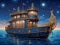 A mesmerizing scene featuring a steampunk-inspired vessel sailing at night under a starry sky. Ideal for creative and fantasy