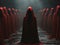 A mesmerizing scene of people in vibrant red cloaks with hoods, gathered in a mysterious and enigmatic setting. The