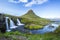 Mesmerizing shot of the famous Kirkjufellsfoss mountain and Barnafoss river in Iceland