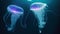 A mesmerizing sight of a couple of jellyfish gracefully floating in the ocean, Two jellyfish swimming in the water, 3D rendering,