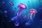 A mesmerizing sight of a group of jellyfish gracefully swimming in a tranquil aquarium, Jellyfish in the deep blue ocean, 3D