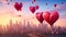 A mesmerizing sight of a multitude of vibrant balloons gracefully soaring above a bustling urban landscape, Giant heart balloons