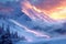 Mesmerizing snowy landscape Sunrise illuminates majestic mountain peaks