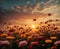 Mesmerizing sunset with meadow full of flowers Ai image