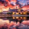 Mesmerizing sunset over the ancient city of Krakow with Wawel Castle