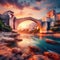 Mesmerizing sunset over the ancient Mostar bridge in Bosnia