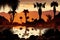 mesmerizing sunset over desert oasis with silhouettes of palm trees visible in the background
