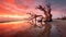 Mesmerizing Sunset: A Vibrant Fantasy Landscape With A Dead Tree On The Beach