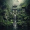 A mesmerizing and tranquil waterfall surrounded by lush green foliage and a small Buddhist shrine