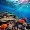 A mesmerizing underwater view of colorful coral reefs surrounded by a variety of fish species. AI Generative