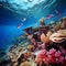 A mesmerizing underwater view of colorful coral reefs surrounded by a variety of fish species. AI Generative