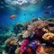 A mesmerizing underwater view of colorful coral reefs surrounded by a variety of fish species. AI Generative