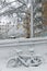 Mesmerizing view of a bicycle and a tree covered in snow with the buildings in a background