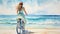 Mesmerizing Watercolor Painting Of A Girl Riding A Bicycle On The Beach